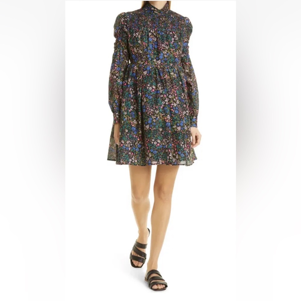 NWT Munthe Smocked High Neck Long Sleeves Mini Dress Puffy Black US 12 EU 44